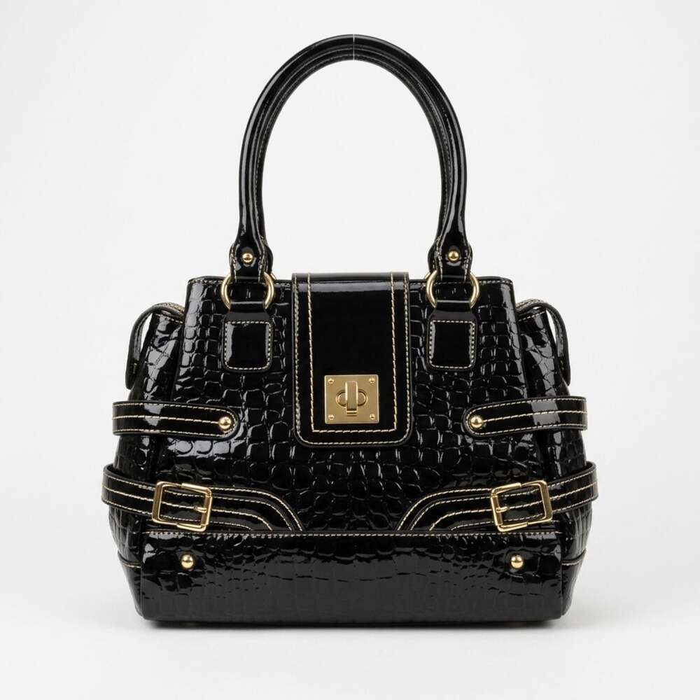 Elegant Black Patent Faux Croc Satchel Handbag